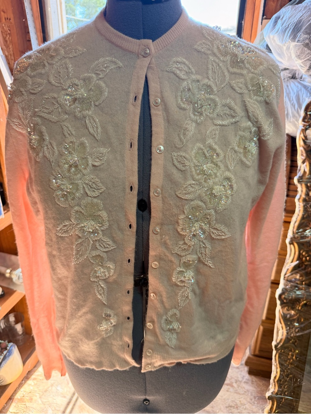 Lyle & Scott Pink cashmere cardigan, sequin/embroidered filigree, M